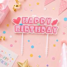 HIBIRTH 1pc Creative Heart Candy Pink Happy Birthday Letter Candle Cake Decoration Birthday Cake Decoration Candle Party Celebration Baking Plug-In - View 3