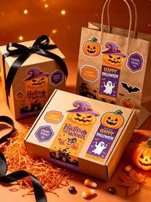 10pcs Halloween Long Strip Shaped Sealing Stickers, Holiday Gift Box Sealing Stickers, Cute Ghost & Pumpkin Pattern Candy Packaging Stickers - A - View 2