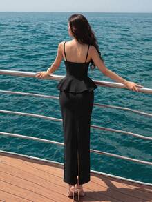 European And American New Sexy Glossy Pearl Decor Tie-Up Backless Ruffle Hem Fitted Dress Party Evening Gown - Black - View 6