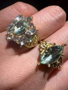 2pcs French Vintage Olive Green Zirconia Rings, Luxury Design Open Rings, Suitable For Women's Daily Wear - Green - View 3