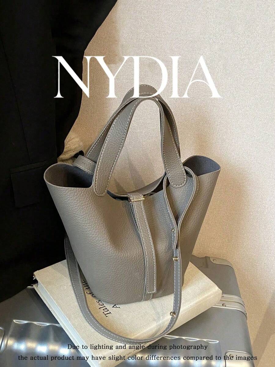 1PC Elephant Grey Pebbled Mini Bucket Tote Bag With Matching Short Handle, Front Metal Buckle And Fabric Label, Open Top Shallow Trapezoid Body, Minimalist Commuter Handheld Small Bag #ElephantGreyPebbledBucketBag #MiniHandToteBag #MinimalistOfficePurse #DailyLightweightHandbag
