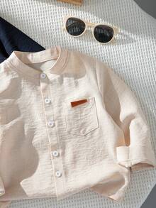 2pcs/Set Boys' Fashionable Comfortable Woven Fabric Small Stand Collar Cardigan Pocket Leather Patch Decor Apricot & Navy Blue Long Sleeve Shirts, Open Front Design, Suitable For Commuting, School, Casual, Vacation, Sports, Spring And Autumn - Multicolor - View 5