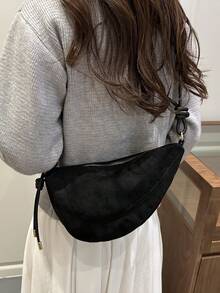 1pc Solid Color Matte Suede Fabric Shoulder Bag Women's Vintage Fashion Crescent Bag With Stitching Patchwork Zipper Closure Suitable For Daily And Street Use - Black - View 3