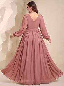 SUPGIR Plus Size Lantern Sleeve Embroidered Beaded Decorated Ruched Chest Small V-Neck Slit Evening Dress - Dusty Pink - View 2