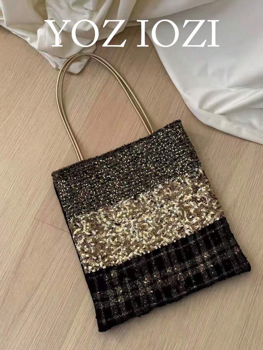 韓系百搭 Ins 通勤戶外日常購物女款時尚新款小眾美學亮片腋下托特肩背包 - 黑色 - 查看 1