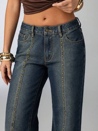 Jeans rectos de talle alto con tachuelas, desgastados y de estilo vintage para mujer CH79