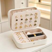 1pc Multifunctional PU Jewelry Box, Double Layer Multi-Compartment Portable Jewelry Storage Box, Large Capacity Valentine's Day Gift, Suitable For Earrings, Rings, Necklaces, Zipper/Button Style, Travel Essential, Back To School, Dorm Storage - White - View 11