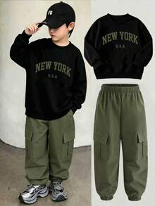 Tween Boy Letter Print Crew Neck Sweatshirt And Sweatpants Set - Army Green - View 1