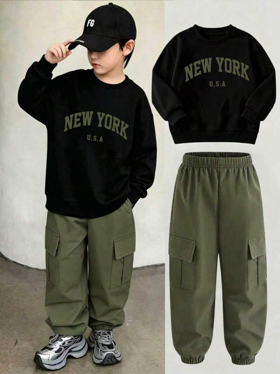Tween Boy Letter Print Crew Neck Sweatshirt And Sweatpants Set - Army Green - View 1