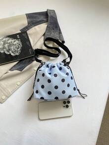 1 pieza Bolso cubo de nailon de unicolor con cordón y patrón de lunares, bolso bandolera de moda para mujer - Celeste - Ver 5
