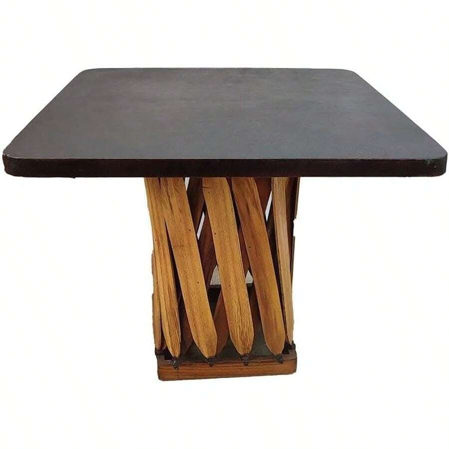 Mesa Equipal Cuadrada de Piel Color Café Oscuro con Base de Madera Entrelazada | Mesa Artesanal Mexicana de Diseño Tradicional | para Hogar, Comedor, Bar, Restaurante, Terraza y Playa - Negro - Ver 1