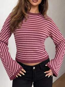 Women's Striped Crew Neck Short Knit Sweater, Vintage Style Top, Suitable For Daily Outings And Coffee Dates - Red - View 5