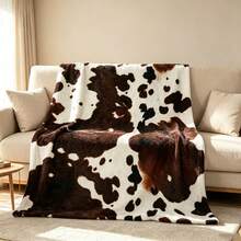 1PC Brown & White Cow Print Blanket, Animal Fur Texture Throw, Vintage Style Home Sofa Decorative Blanket - Multicolor - View 1