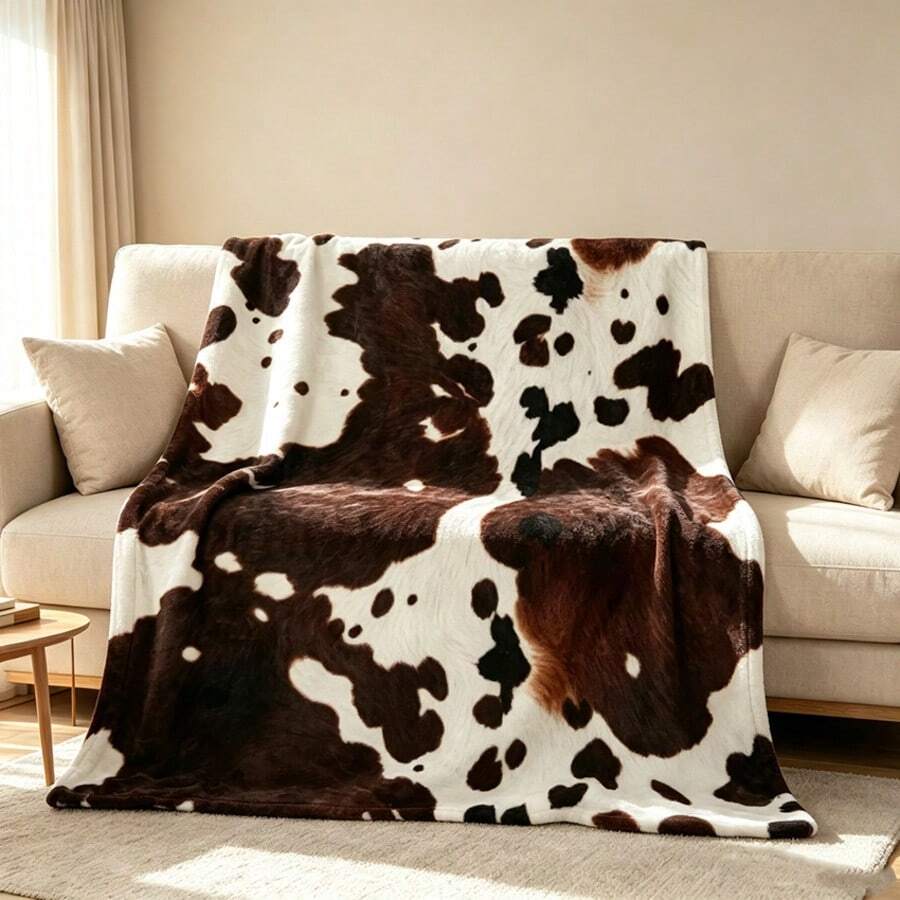 1PC Brown & White Cow Print Blanket, Animal Fur Texture Throw, Vintage Style Home Sofa Decorative Blanket - Multicolor - View 1