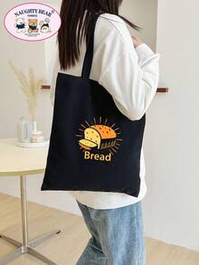 1pc Beige Fashionable Assorted Bread & Letter Print Women's Canvas Tote Bag, Portable Shopping Bag For Outings - Black - View 1