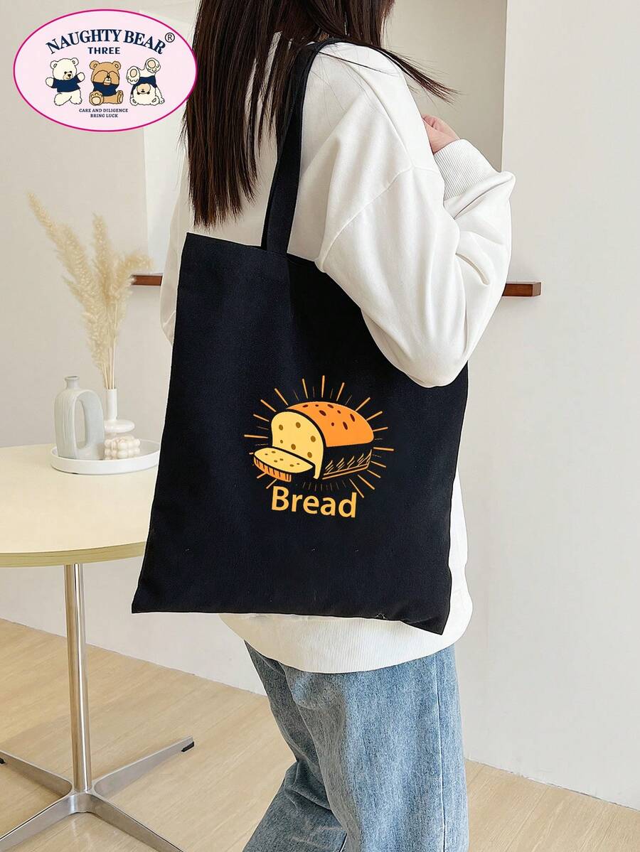 1pc Beige Fashionable Assorted Bread & Letter Print Women's Canvas Tote Bag, Portable Shopping Bag For Outings - Black - View 1