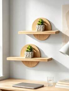 Wooden Wall-Mounted Floating Shelf, Round Backboard Wall Storage Rack, Minimalist Solid Wood Bedroom Study Display Shelf, Succulent Photo Frame Decorative Wall Shelf - Multicolor - View 3