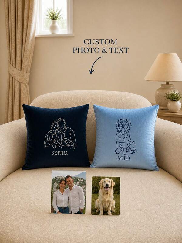 Funda de cojín con arte de línea de foto personalizada, boceto de contorno personalizado con texto personalizado a partir de tu foto, regalo de recuerdo sentimental para amantes de mascotas, familia, regalo ideal para cumpleaños, conmemoración, funda de cojín decorativa minimalista para sofá y decoración del hogar