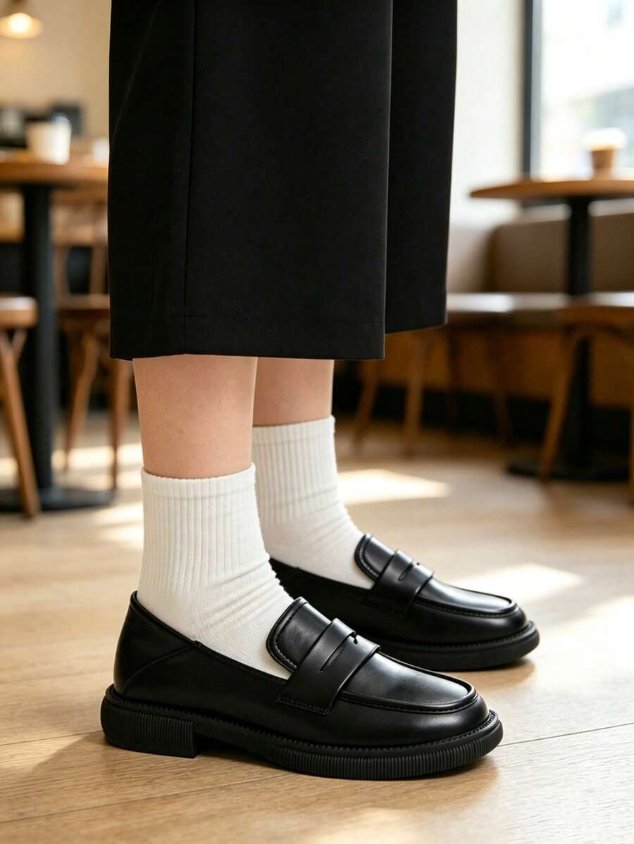 British Style Buckle Loafers PU Soft Leather Low Heel Casual Commute Minimalist Elegant Women's Shoes - Black - View 1