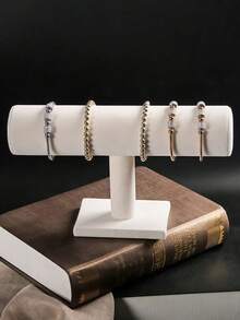 1pc Elegant White Velvet T-Bar Bracelet Display Stand - Desktop Jewelry Holder, Sturdy Plastic Base, Suitable For Necklace, Bracelet And Watch Storage, Multifunctional Desktop Organizer - Multicolor - View 2