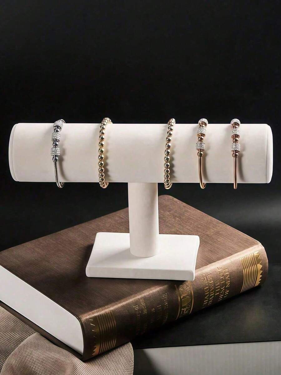 1pc Elegant White Velvet T-Bar Bracelet Display Stand - Desktop Jewelry Holder, Sturdy Plastic Base, Suitable For Necklace, Bracelet And Watch Storage, Multifunctional Desktop Organizer