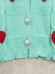 Cute Preppy Cable Knit Cardigan, Strawberry Patchwork V-Neck Shiny Buttons Loose Fit, Suitable For Thanksgiving Campus Outfit - Blue - View 10