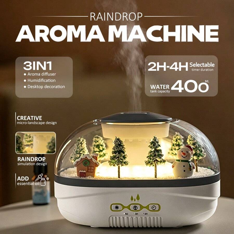1件 USB供電模擬雨滴香氛擴香機，聖誕風格微景觀設計（附聖誕雪人、聖誕樹、聖誕小屋迷你裝飾），暖光氛圍效果，兩段式定時設定，可添加精油，聖誕裝飾，聖誕禮物首選，適合居家與辦公室使用的小型加濕器（本產品不含精油）