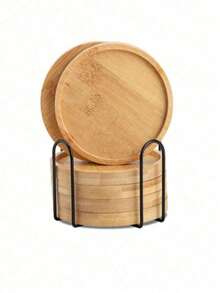 Bamboo Coaster Set With Holder - Natural Wood Coasters Waterproof Heat-Resistant For Home/Bar/Kitchen Decor - Wood Color - View 9