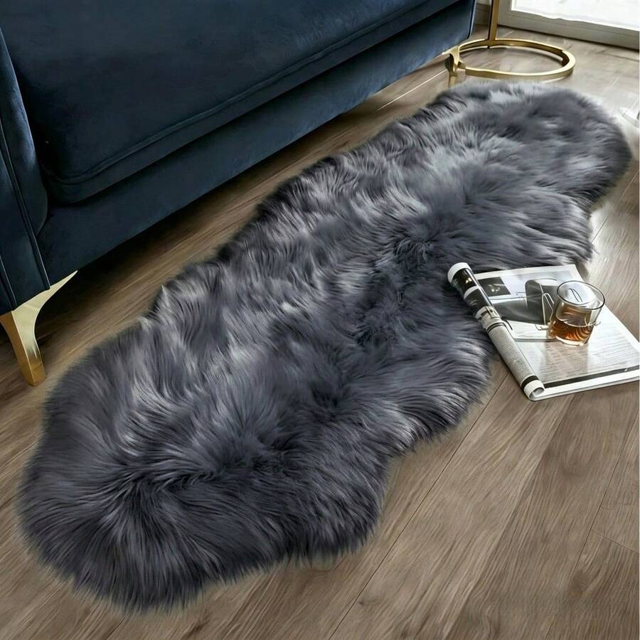 1pc Dark Gray Faux Wool Bedside Rug, Luxury Wave Design Long Strip Rug, Bedroom Bedside Decorative Mat, Hand-Cut With 1-5cm Error, Decorative Rug, Bedroom Decor, Small Rug, Rug, Home Decor, Living Room Rug, Bedroom Rug, Living Room Home Decor, Outdoor Rug, Washable Rug, New Year Gift, Autumn/Winter Rug - Dark Grey - View 1