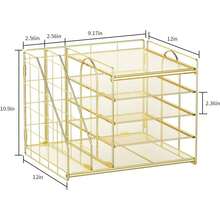 Organizador de computadora con soporte para archivos, bandeja de papel de 5 niveles, organizadores de computadora de malla y accesorios con soporte para revistas, organizador de computadora - Amarillo - Ver 4