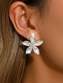 Silver Flower Rhinestone Stud Earrings, Marquise Crystal Floral Earrings, Women's Bridal Wedding Prom Evening Party Jewelry - Silver - View 2