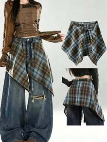 New Plaid One-Piece Waist Skirt With Decorative Drawstring, Unisex, High Waist Design, Ruffle Hem, Suitable For Family Matching, Autumn/Winter Style. YN3U - Multicolor - View 11