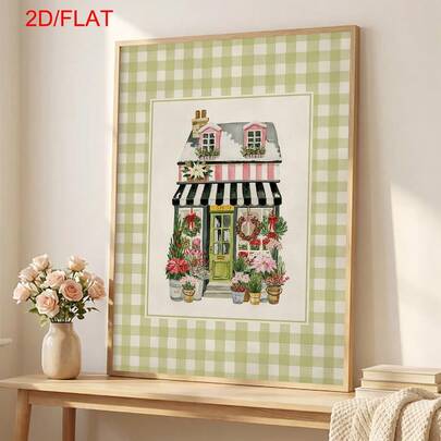 1Pc Framed/Unframed Canvas Poster, Watercolor Christmas Floral Shop House Illustration, Vintage Checkered Border Holiday Art Print, Xmas Seasonal Wall Art Decor For Bedroom Living Room, Lovely Holiday Home Decoration Gift