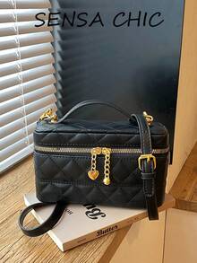 Vintage Elegant Quilted Diamond Pattern Soft Leather Box-Shaped Handbag Crossbody Bag With Exquisite Gold Hardware Double Zipper Storage Mini Versatile Women's Small Bag For Daily Outings - Black - View 1