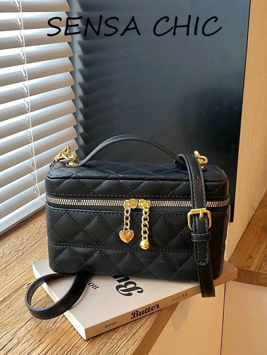 Vintage Elegant Quilted Diamond Pattern Soft Leather Box-Shaped Handbag Crossbody Bag With Exquisite Gold Hardware Double Zipper Storage Mini Versatile Women's Small Bag For Daily Outings - Black - View 1