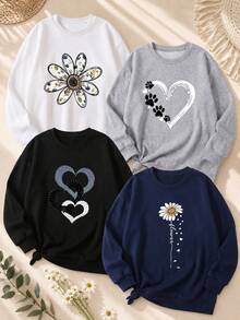 4pcs/Set Women's Casual Long Sleeve Crew Neck Sweatshirt - Printed Pattern, Comfortable Soft Fabric, Machine Washable, Autumn/Winter Women's Tops - Multicolor - View 2