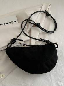 1pc Solid Color Matte Suede Fabric Shoulder Bag Women's Vintage Fashion Crescent Bag With Stitching Patchwork Zipper Closure Suitable For Daily And Street Use - Black - View 6