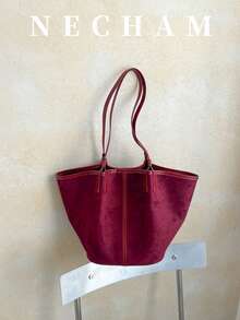 1pc Large Capacity Beach Tote Bag With Pendant, Casual Vacation Style Shoulder Bag - Burgundy - View 7