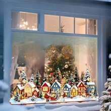 Christmas Gift, 2D Flat, Winter Town Christmas Window Stickers, Snow House Pine Tree Santa Claus Reindeer Stickers, Suitable For Christmas Party And Farmhouse Window Decoration, Reusable, Beautiful Stickers - Multicolor - View 3
