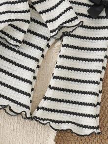 2pcs Baby Girl Casual Sporty 3D Bow Striped Long Sleeve Top And Pants Set, Spring/Autumn Thin - Black and White - View 6