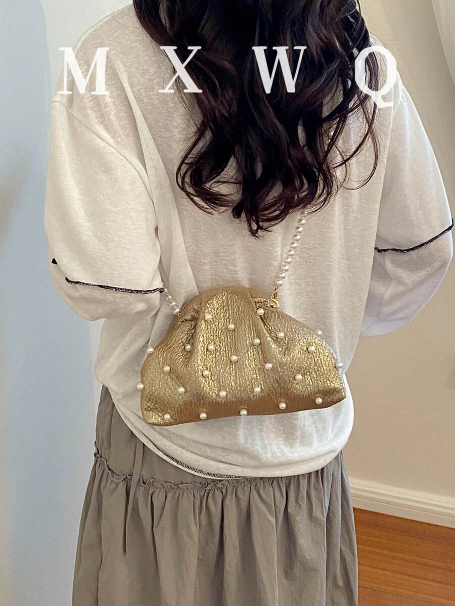 新款復古風布料珍珠鏈條扣女款手提包，優雅百搭斜挎包