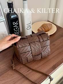 1pc Solid Color PU Fabric Women's Fashion Crossbody Square Bag With Full Woven Texture Patchwork Design, Adjustable Shoulder Strap, Shoulder/Crossbody Use, Suitable For Daily Shopping - Coffee - View 4
