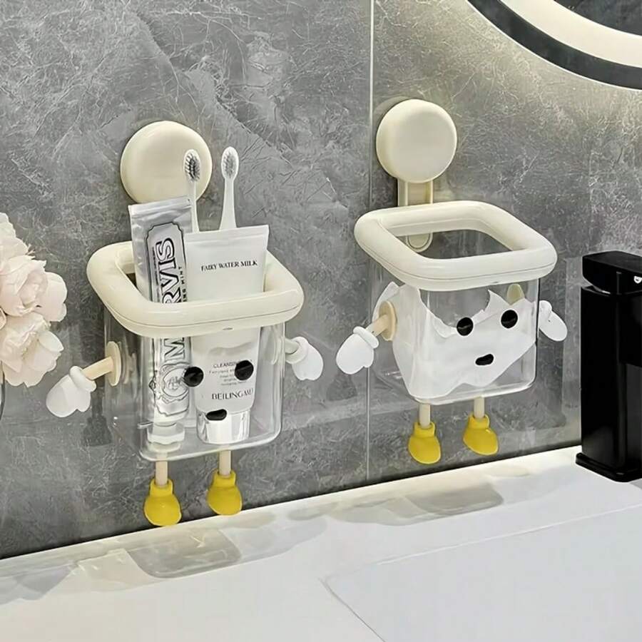 Ins Cute Cartoon No-Drill Wall-Mounted Storage Box, Bathroom Suction Cup Transparent Toiletries Organizer, Electric Toothbrush Comb Skincare Product Layered Storage Rack, Durable Waterproof Material, Suitable For Bathroom Accessories, Toilet, Kitchen, Room Decor, Gift For Friends - Multicolor - View 1