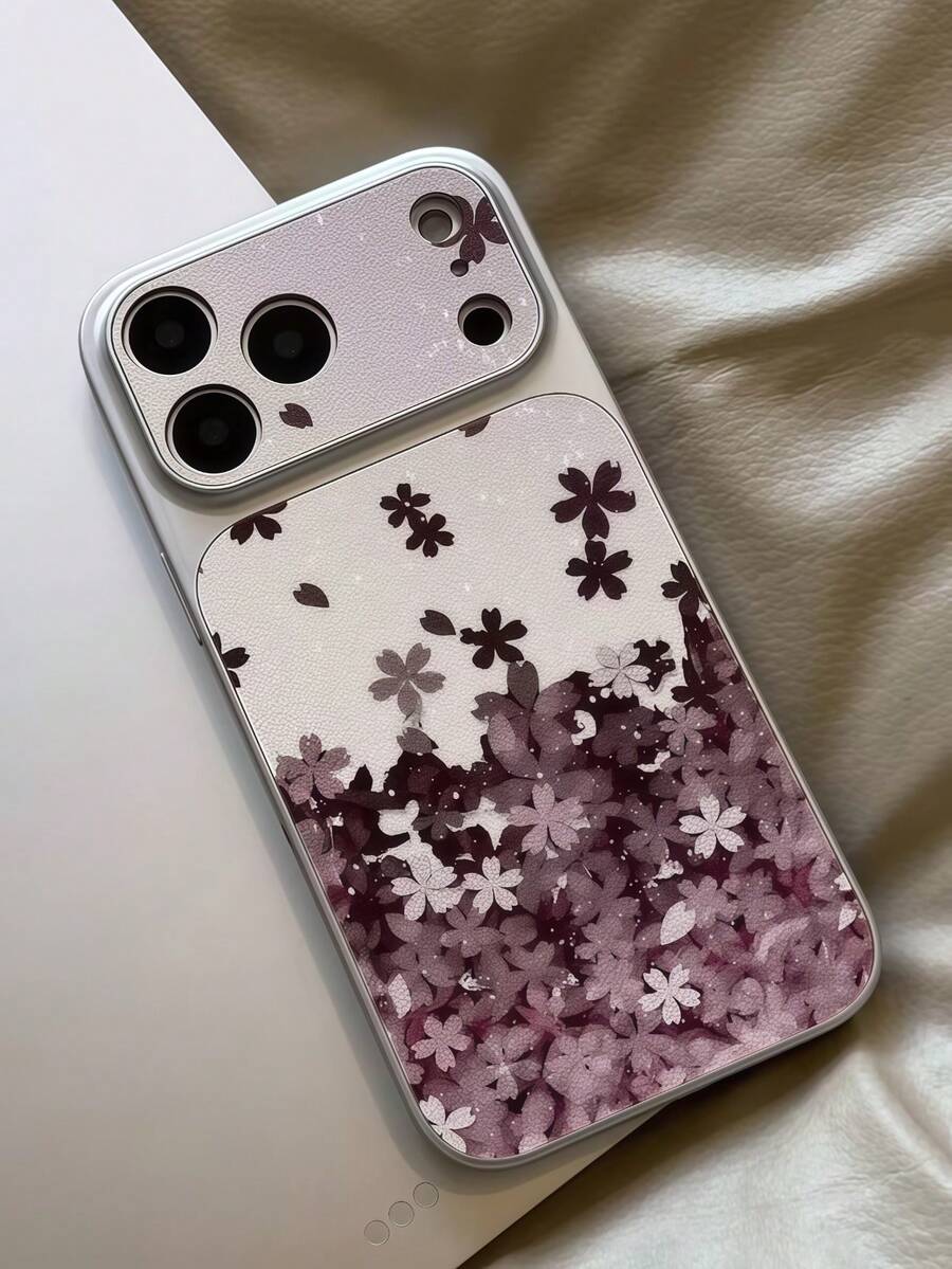 1pc Spray-Painted Metal Phone Case With Small Sheep Skin Texture And Fine Holes, Compatible With Apple 11/12/13/14/15/16/17/18 Pro Max, A10S/A11/A12/A13/A14/A15/A16/A17/A04/A05/A06/A07/A54/A55/A56/A34/A35A/36/S20FE/S21/S21+/S21 Ultra/S22/S23/S24/S25/S25 Plus/S25 Ultra/S26/S26 Pro/S26 Ultra, A54/Honro/ 12C/13C/14C/15C, With Purple Starry Sky And Flower Pattern - Silver White - View 1