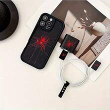 Set 5pcs Casing Ponsel Bambu Hitam Merah Motif Laba-laba + Penutup Kepala Charger + Pelindung Kabel + Tali Penyimpanan TPU Anti-Jatuh, Casing Ponsel Apple, Kompatibel dengan Apple 17 16e 16 15 14 13 12 11 Mini Pro Max Air X XR XSMAX 8 7 Plus, Casing Belakang Matte Anti-Jatuh, Casing Pelindung Smartphone, Casing untuk Penggunaan Sehari-hari, Aksesori Ponsel Modis, Desain Kreatif, Desain Cetak UV, Casing Pelindung Modis, Pecinta Mode, Pecinta Musik, Sempurna sebagai Hadiah Ulang Tahun - MultiWarna - View 5