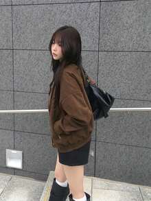 Vintage Stand Collar Zipper Motorcycle Jacket For Women - Khaki - View 4