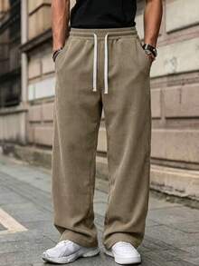 Men's Vertical Striped Corduroy Wide Leg Casual Pants, Elastic Drawstring Straight Leg Long Pants, Autumn Loose Drapey Floor-Length Trousers - Coffee Brown - View 5