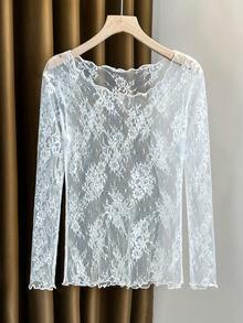 White Floral Lace Long Sleeve Top With Ruffled Collar, Gentle Style Hollow Mesh Daily Commute Sun Protection Base Layer - White - View 3
