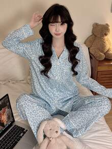 2pcs/Set Women's Sky Blue Leopard Print Open Front Pajamas, Lapel Collar Button Long Sleeve Top And Long Pants Loungewear, Suitable For Autumn/Winter/Spring/Summer - Sky Blue - View 5