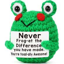 1pc Handmade Crochet Blush Frog Figurine, Knitted Green Toad Ornament With Rectangular Quote Card, Woven Amphibian Desktop Decor, Mini Craft Accessory For Home Office Shelf, Daily Gift For Friends Colleagues Family - Multicolor - View 1